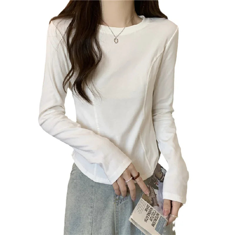 Autumn Lightweight Pure Cotton Round Neck White Long Sleeve Women's T-Shirt