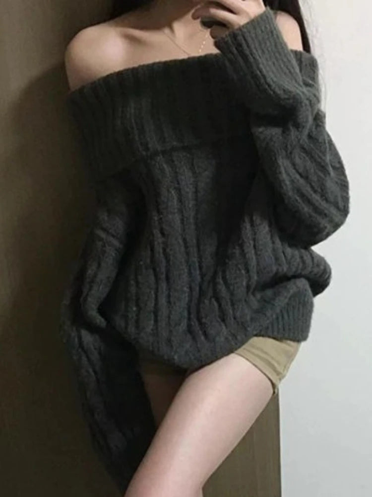 French Design Grey Off Shoulder Knitted Sweater Women Oversized Chic Solid Outerwear